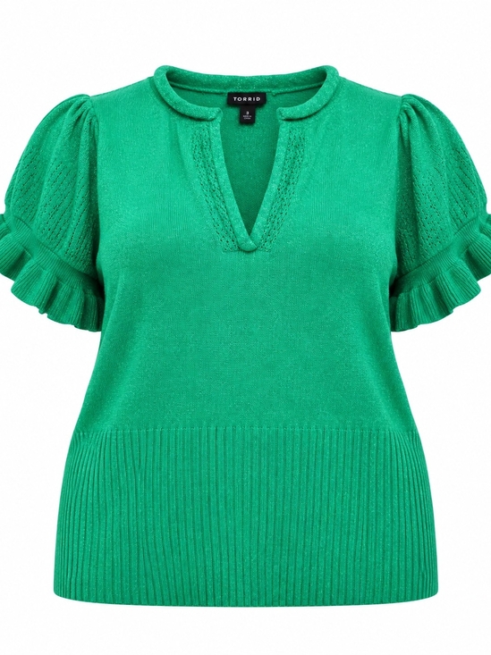 torrid Sweaters - TORRID | Boxy Kelly Green Ruffle Short Puff Sleeve Split Neck Sweater Top | 3X